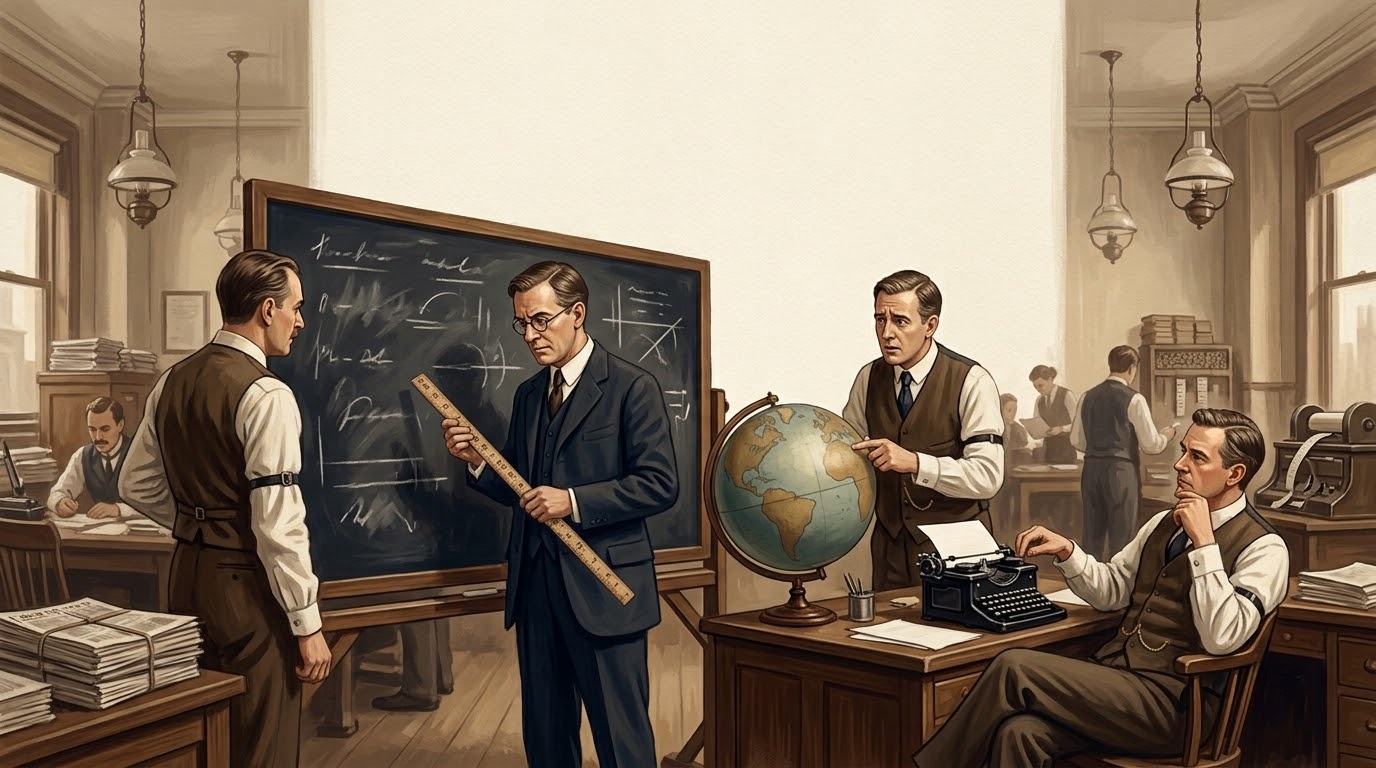 칠판 앞에서 상대성이론을 이해하려 애쓰는 1919년 타임스 편집진